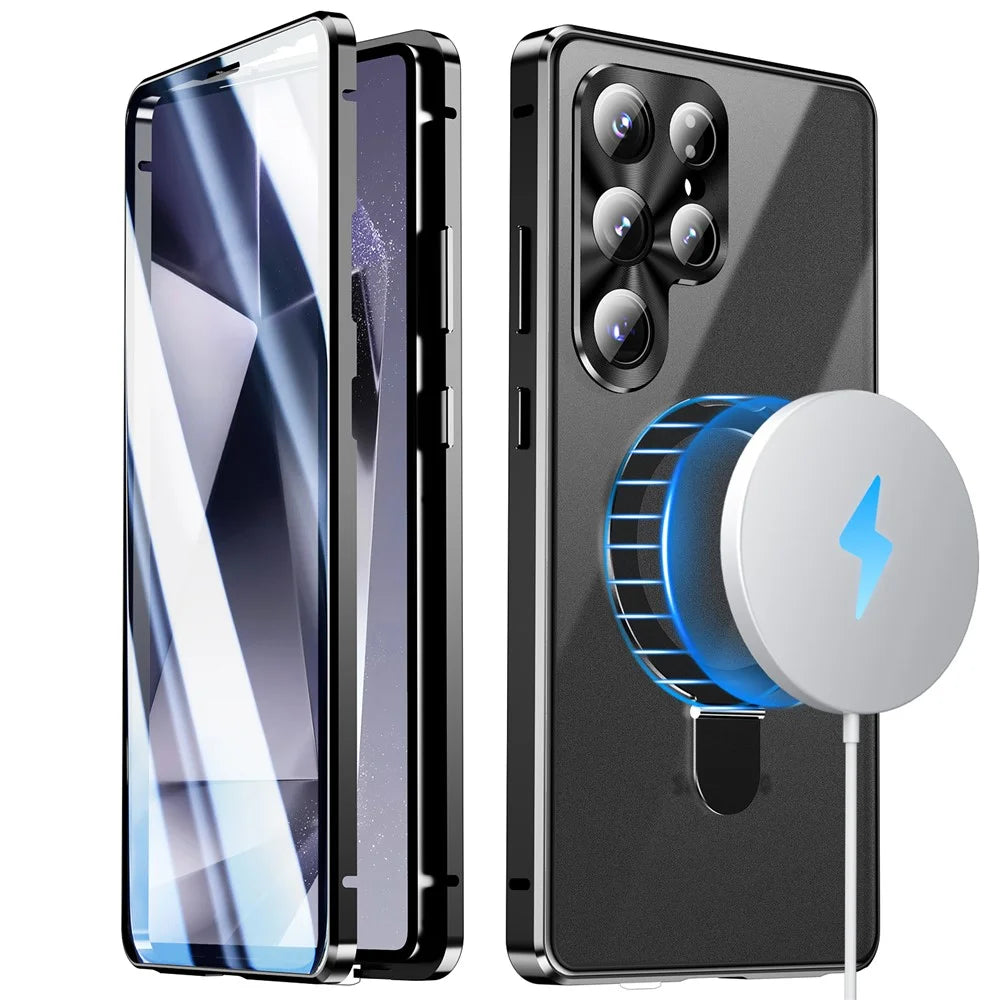 For Samsung Galaxy S25 Ultra Magnetic Case Kickstand Matte PC Cover with HD Tempered Glass Film - Black - 2
