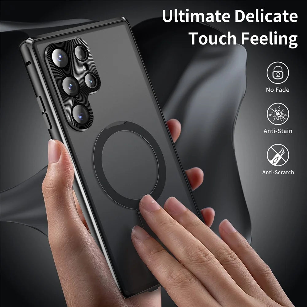 For Samsung Galaxy S25 Ultra Magnetic Case Kickstand Matte PC Cover with HD Tempered Glass Film - Black - 3