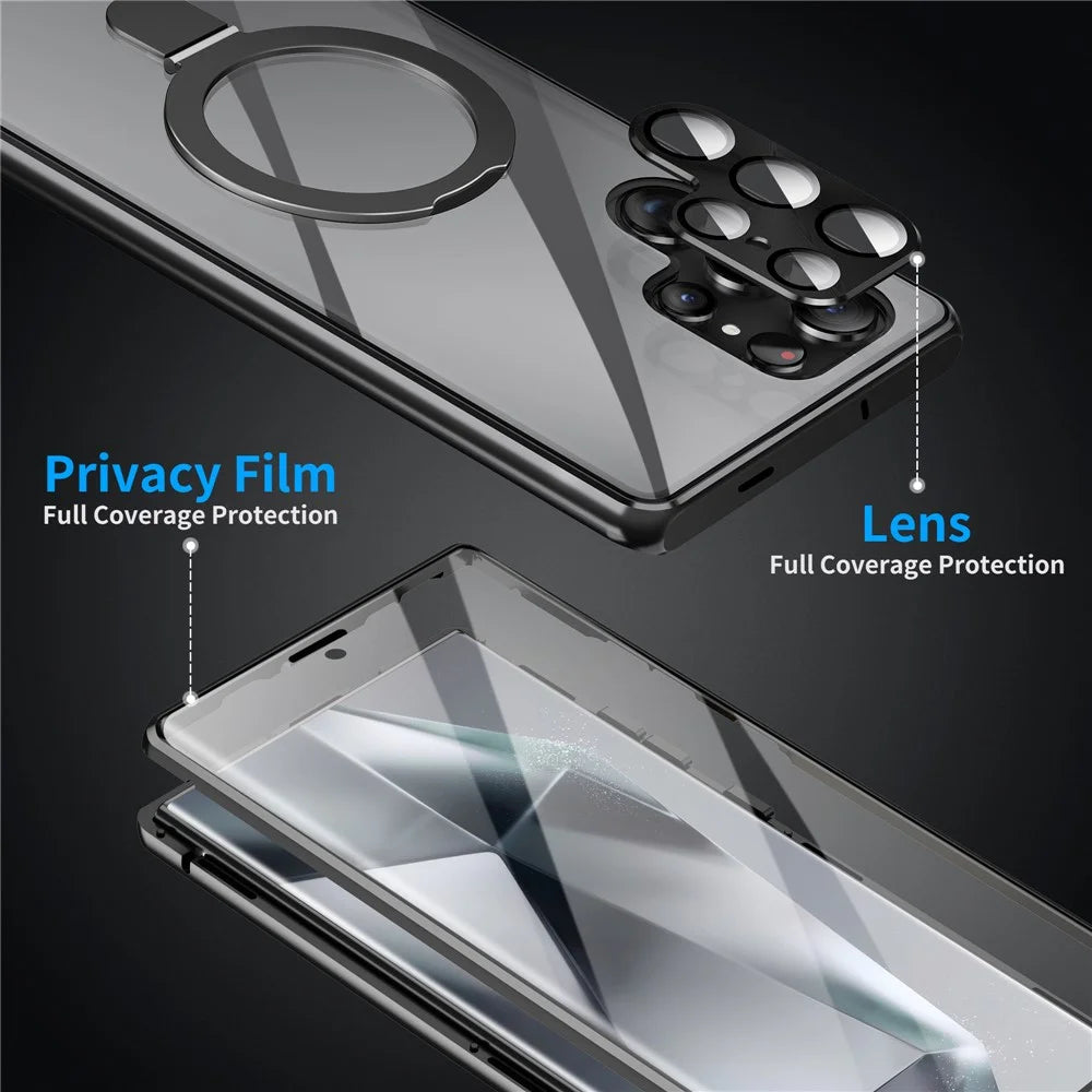 For Samsung Galaxy S25 Ultra Magnetic Case Kickstand Matte PC Cover with HD Tempered Glass Film - Black - 4