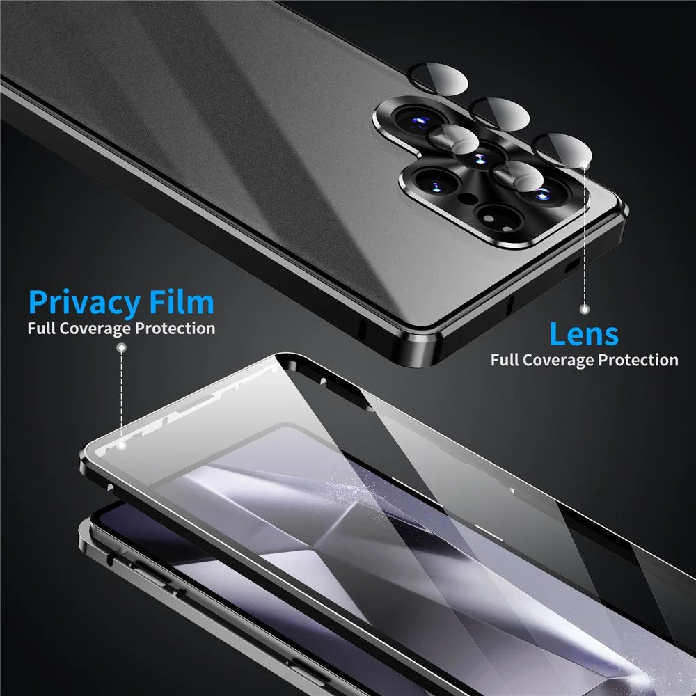 For Samsung Galaxy S25 Ultra Case Double Sides Tempered Glass + Metal Magnetic Phone Cover with Buckle - Black - 5
