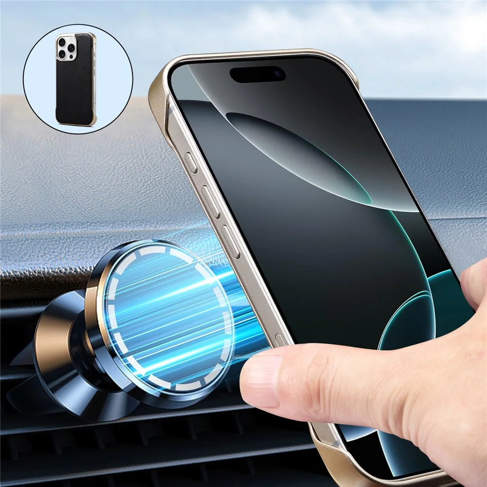 For iPhone 16 Pro Case Compatible with MagSafe Genuine Cow Leather + PC Phone Cover - Black - 5