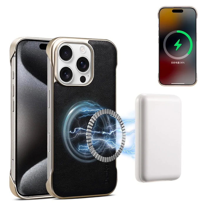 For iPhone 16 Pro Max Case Compatible with MagSafe Genuine Cow Leather + PC Phone Cover - Black - 2