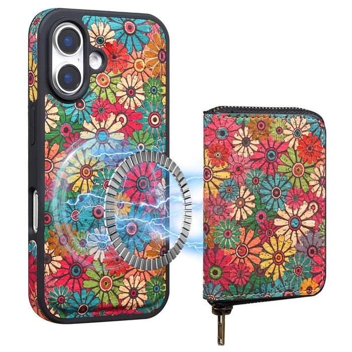 For iPhone 16 Magnetic Case with Detachable Zipper Card Bag Flower Leather Back Cover - Green - 1