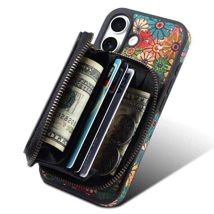 For iPhone 16 Magnetic Case with Detachable Zipper Card Bag Flower Leather Back Cover - Green - 3