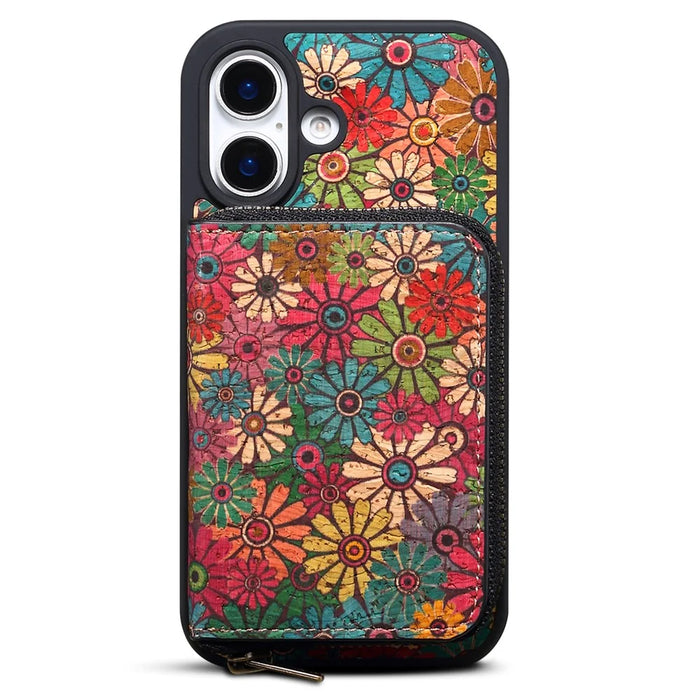 For iPhone 16 Magnetic Case with Detachable Zipper Card Bag Flower Leather Back Cover - Green - 6