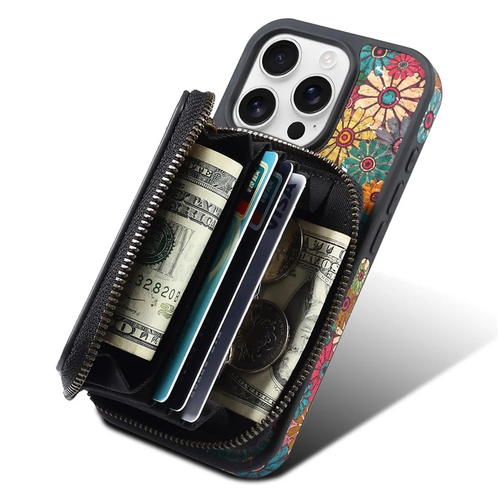 For iPhone 16 Pro Magnetic Case with Detachable Zipper Card Bag Flower Leather Back Cover - Green - 3