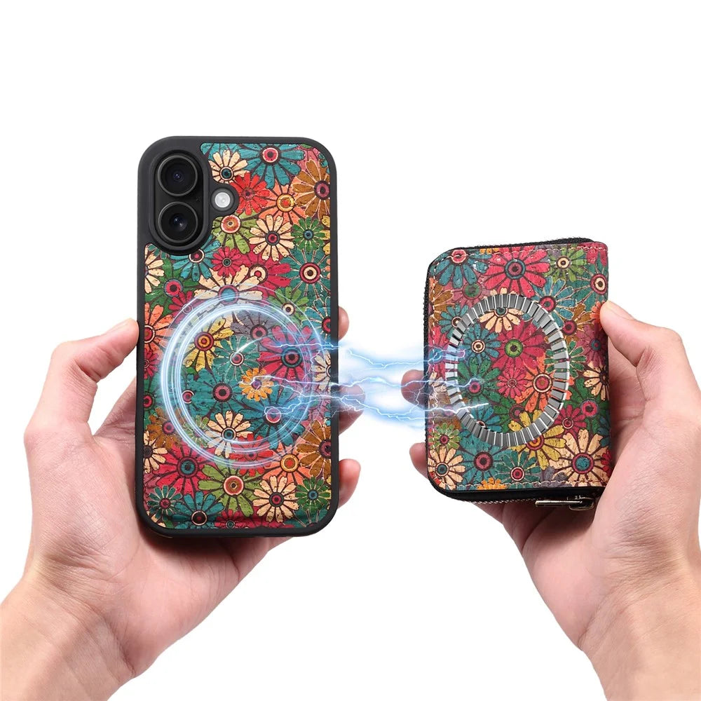 For iPhone 16 Plus Magnetic Case with Detachable Zipper Card Bag Flower Leather Back Cover - Green - 4
