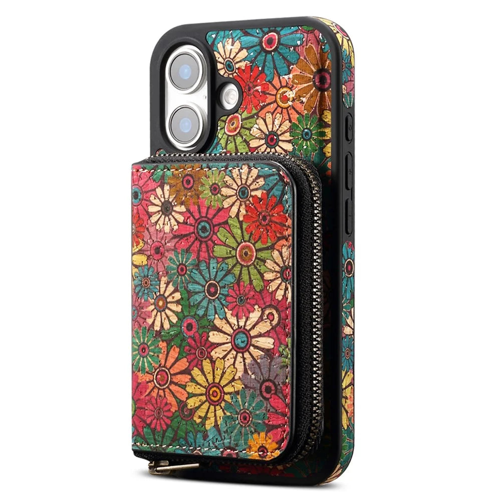 For iPhone 16 Plus Magnetic Case with Detachable Zipper Card Bag Flower Leather Back Cover - Green - 5