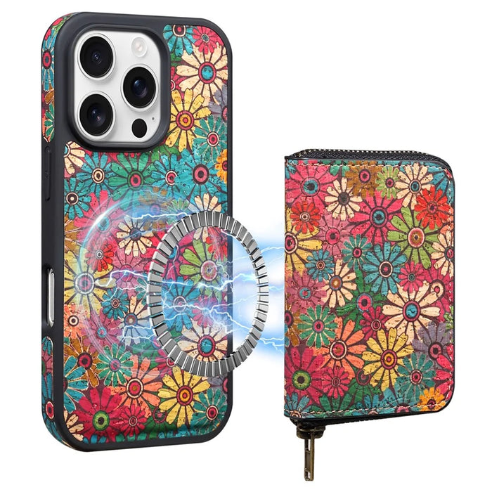 For iPhone 16 Pro Max Magnetic Case with Detachable Zipper Card Bag Flower Leather Back Cover - Green - 1