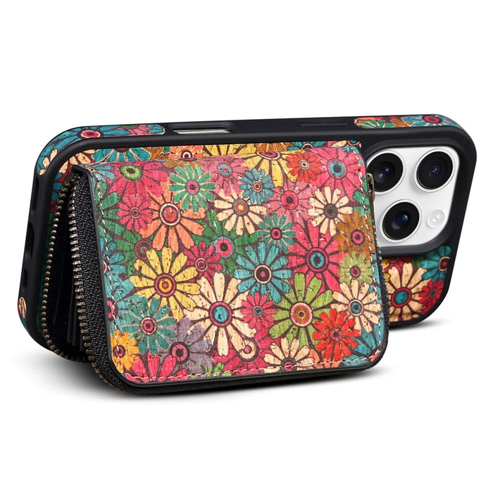 For iPhone 16 Pro Max Magnetic Case with Detachable Zipper Card Bag Flower Leather Back Cover - Green - 2