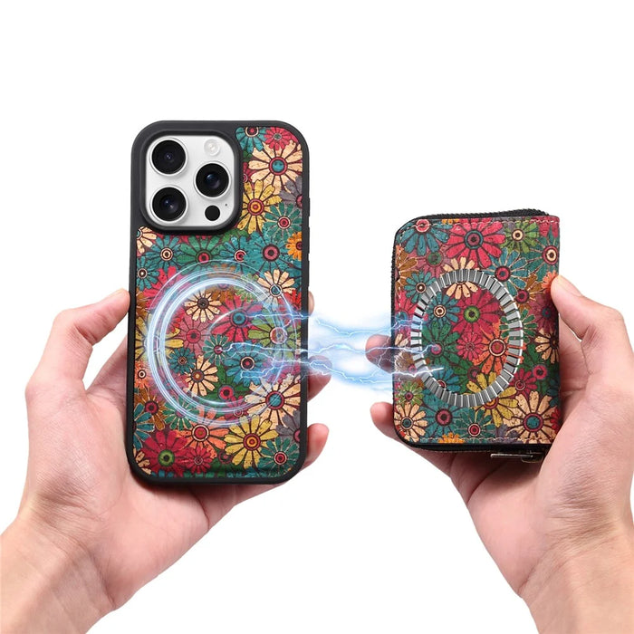 For iPhone 16 Pro Max Magnetic Case with Detachable Zipper Card Bag Flower Leather Back Cover - Green - 5