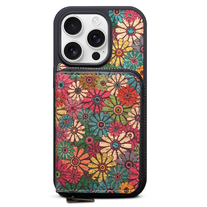 For iPhone 16 Pro Max Magnetic Case with Detachable Zipper Card Bag Flower Leather Back Cover - Green - 7