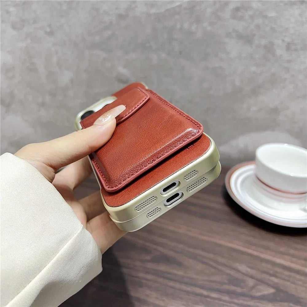 DENIOR For iPhone 16 Pro Magnetic Case Genuine Cow Leather PC Kickstand Phone Cover with Card Holder - Red - 6