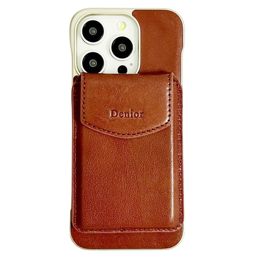 DENIOR For iPhone 16 Pro Max Magnetic Case Genuine Cow Leather PC Kickstand Phone Cover with Card Holder - Red - 1