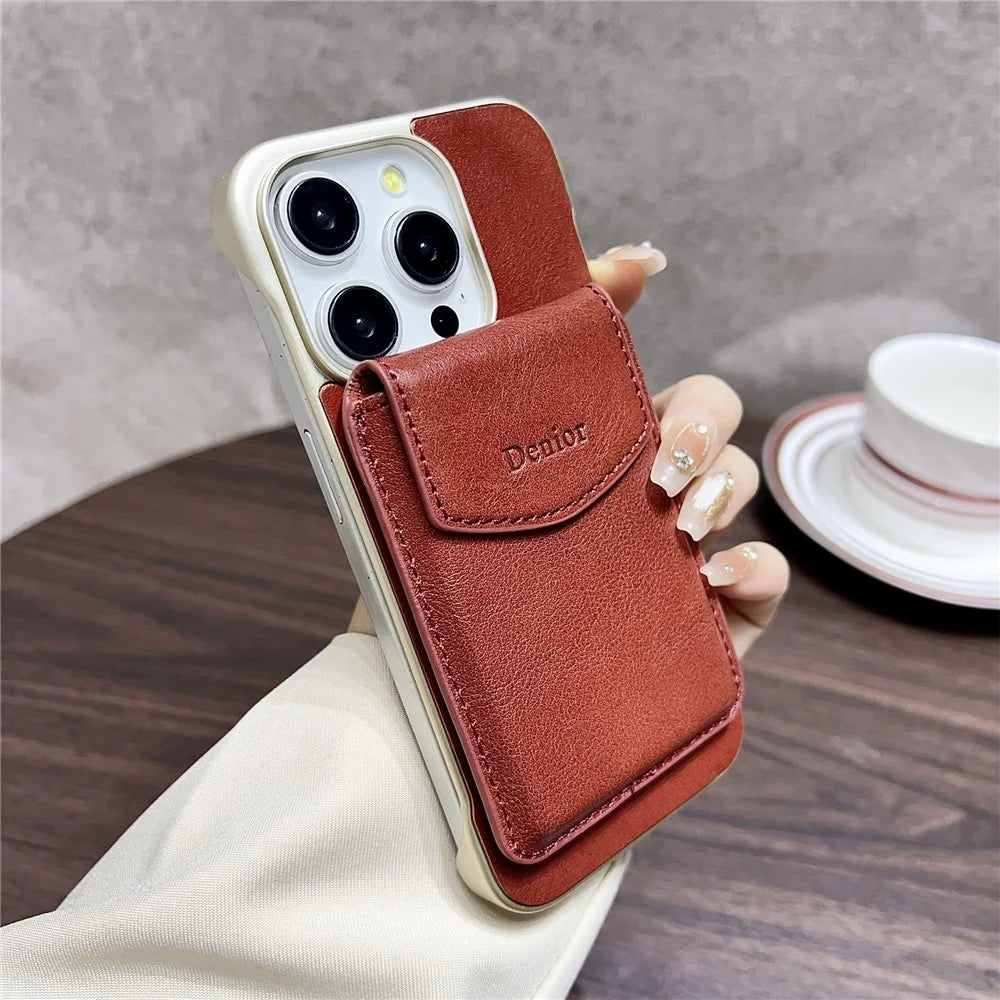 DENIOR For iPhone 16 Pro Max Magnetic Case Genuine Cow Leather PC Kickstand Phone Cover with Card Holder - Red - 2