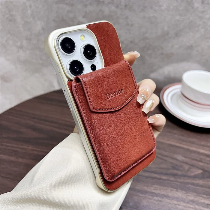 DENIOR For iPhone 16 Pro Max Magnetic Case Genuine Cow Leather PC Kickstand Phone Cover with Card Holder - Red - 2