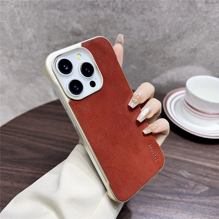 DENIOR For iPhone 16 Pro Max Magnetic Case Genuine Cow Leather PC Kickstand Phone Cover with Card Holder - Red - 3