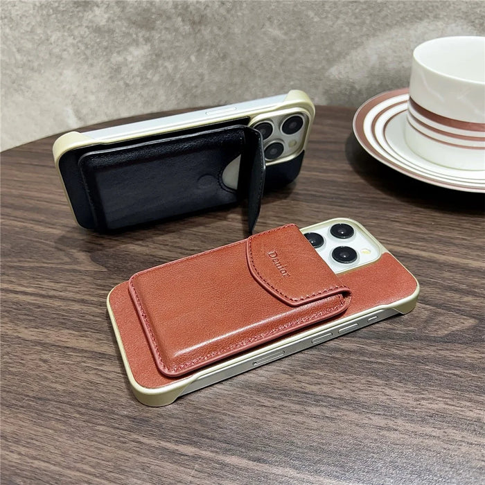 DENIOR For iPhone 16 Pro Max Magnetic Case Genuine Cow Leather PC Kickstand Phone Cover with Card Holder - Red - 4