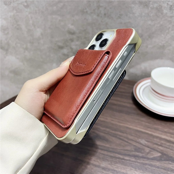 DENIOR For iPhone 16 Pro Max Magnetic Case Genuine Cow Leather PC Kickstand Phone Cover with Card Holder - Red - 5