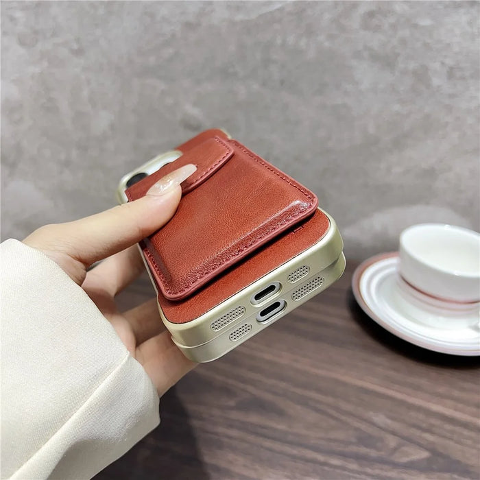 DENIOR For iPhone 16 Pro Max Magnetic Case Genuine Cow Leather PC Kickstand Phone Cover with Card Holder - Red - 6