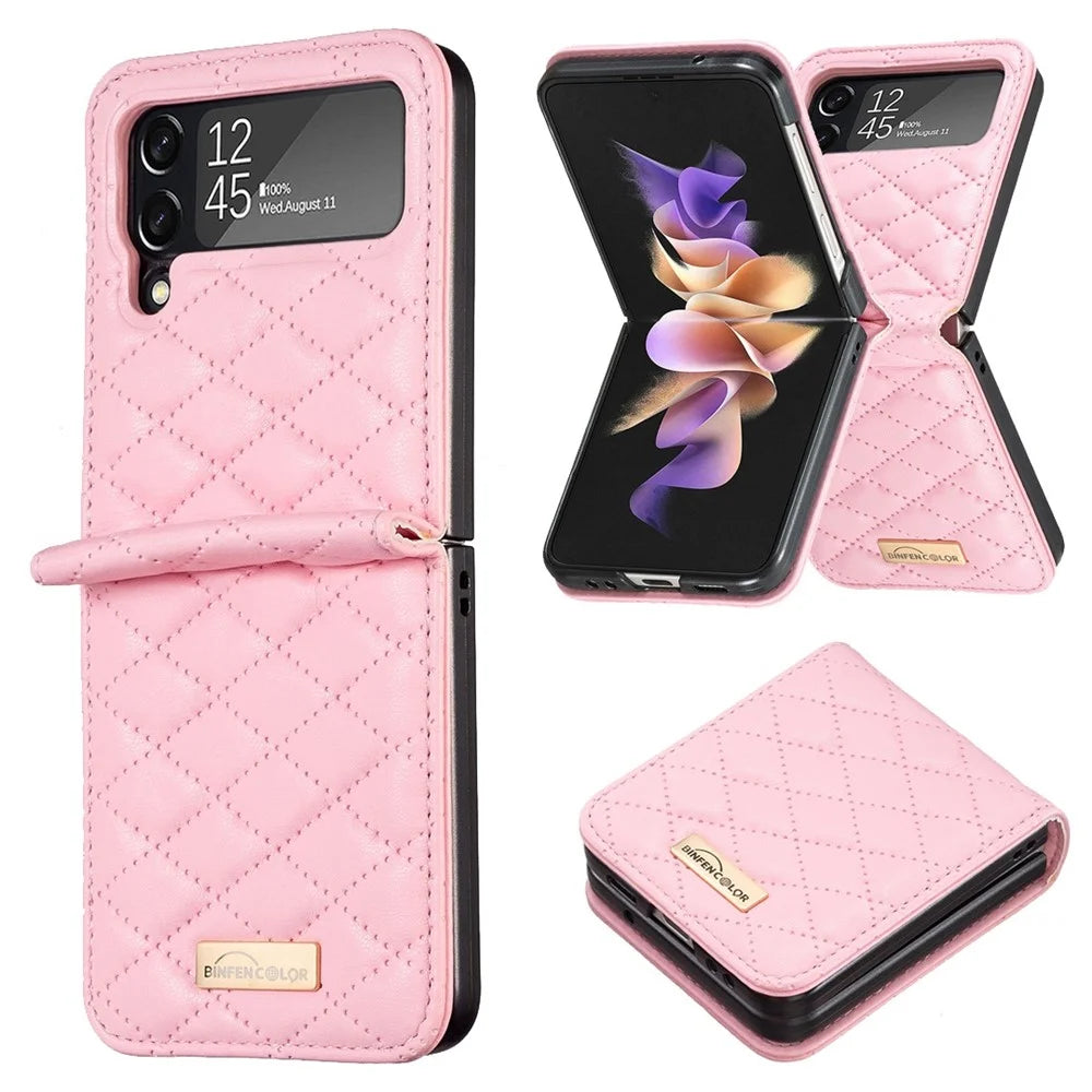 BINFEN COLOR for Samsung Galaxy Z Flip3 5G Imprinted Rhombus Pattern Phone Cover PU Leather Anti-Drop Protective Case - Pink - 1