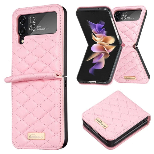BINFEN COLOR for Samsung Galaxy Z Flip3 5G Imprinted Rhombus Pattern Phone Cover PU Leather Anti-Drop Protective Case - Pink - 1