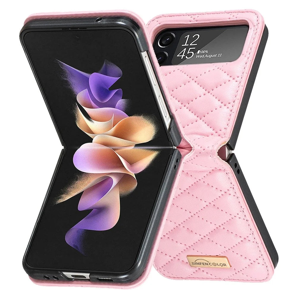 BINFEN COLOR for Samsung Galaxy Z Flip3 5G Imprinted Rhombus Pattern Phone Cover PU Leather Anti-Drop Protective Case - Pink - 2