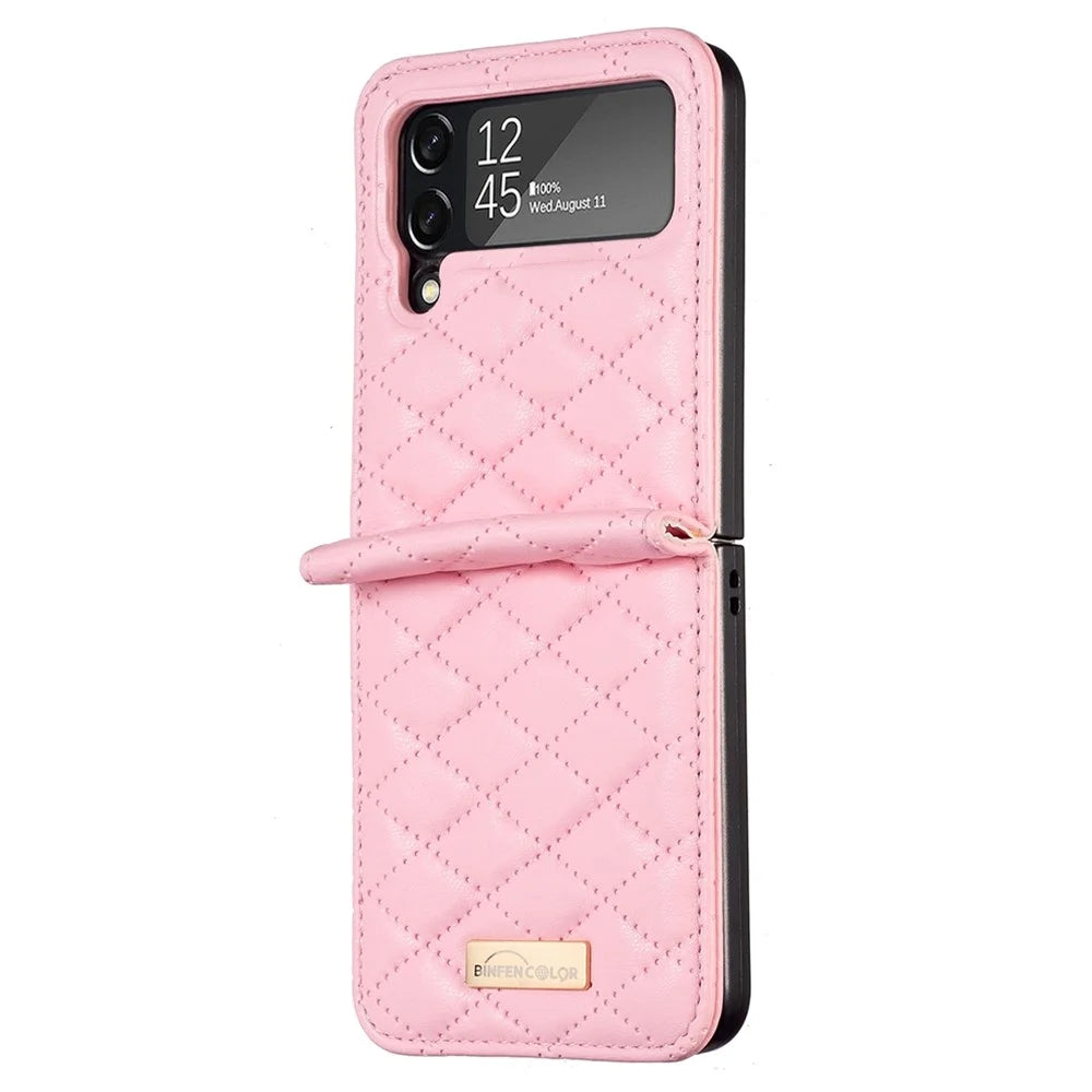 BINFEN COLOR for Samsung Galaxy Z Flip3 5G Imprinted Rhombus Pattern Phone Cover PU Leather Anti-Drop Protective Case - Pink - 3