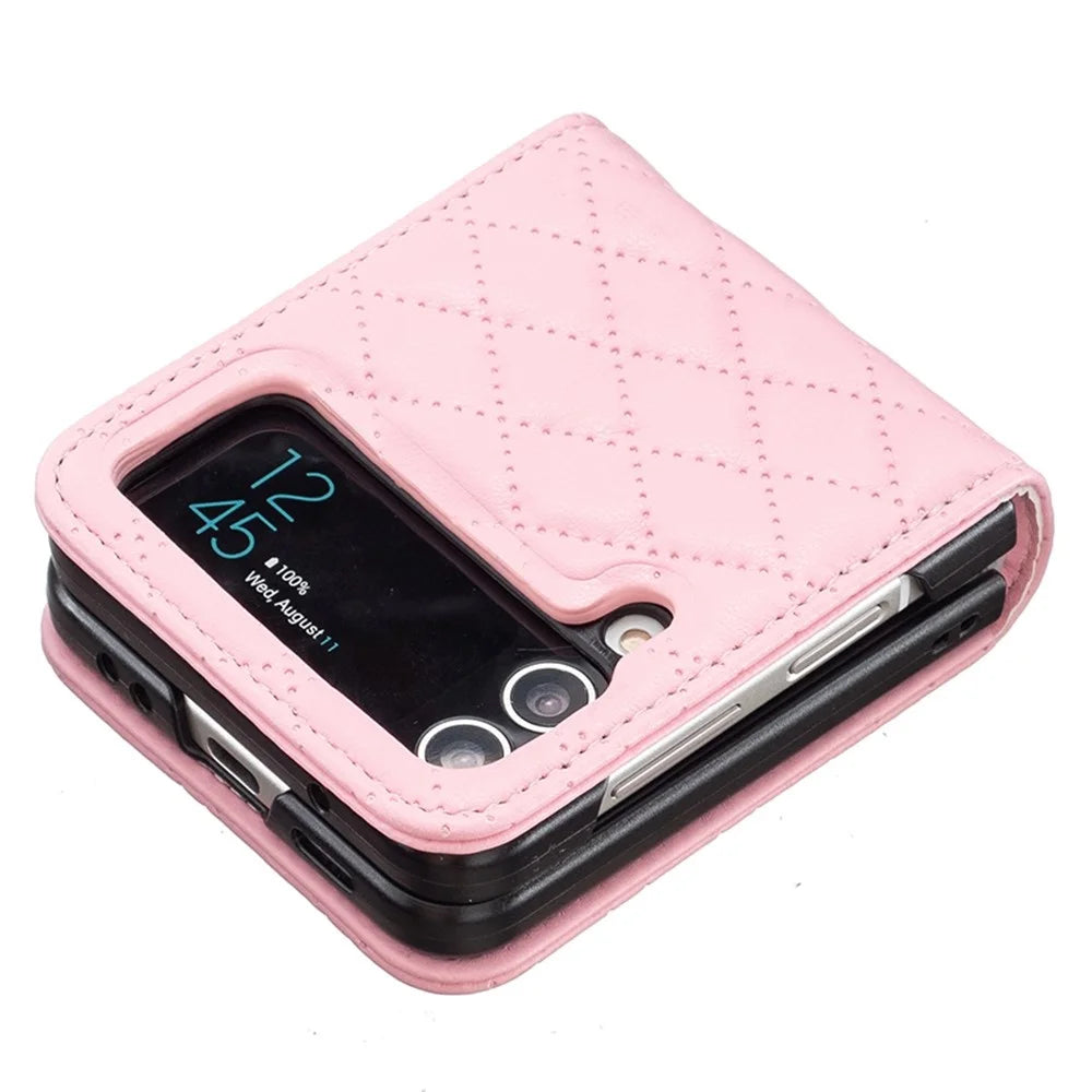 BINFEN COLOR for Samsung Galaxy Z Flip3 5G Imprinted Rhombus Pattern Phone Cover PU Leather Anti-Drop Protective Case - Pink - 4