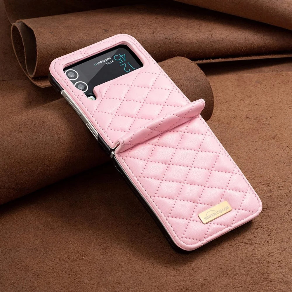 BINFEN COLOR for Samsung Galaxy Z Flip3 5G Imprinted Rhombus Pattern Phone Cover PU Leather Anti-Drop Protective Case - Pink - 6
