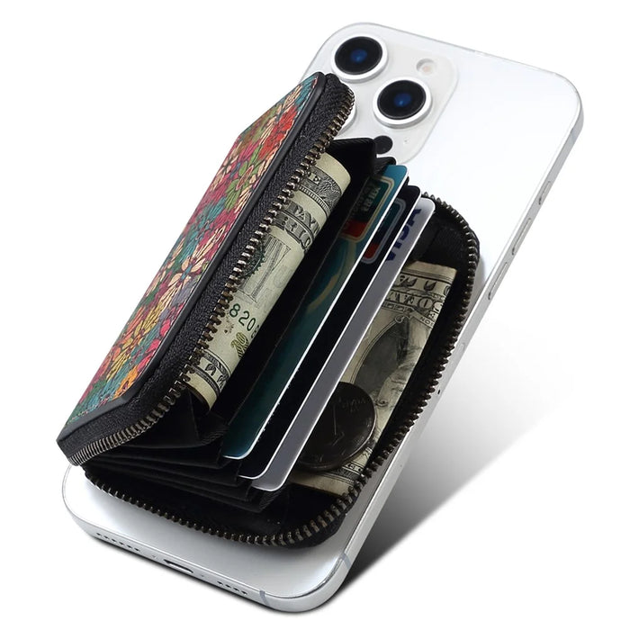 V16 Magnetic Card Holder Floral Pattern Zipper Wallet Kickstand Phone Sleeve - Green - 2