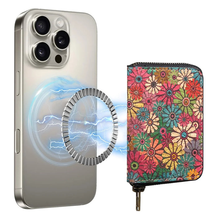 V16 Magnetic Card Holder Floral Pattern Zipper Wallet Kickstand Phone Sleeve - Green - 3
