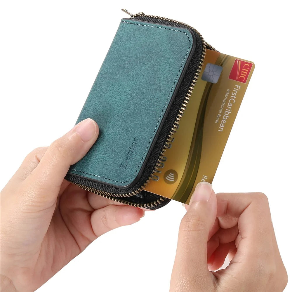 DENIOR V17 Zipper Card Case Skin Touch Leather Phone Card Holder Stand - Blue - 7