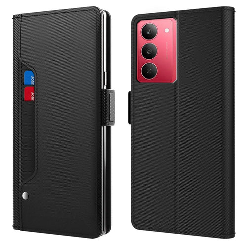 For Realme 14x 5G / V60 Pro 5G Case Stand PU Leather Phone Cover Card Holder Mirror - Black - 1