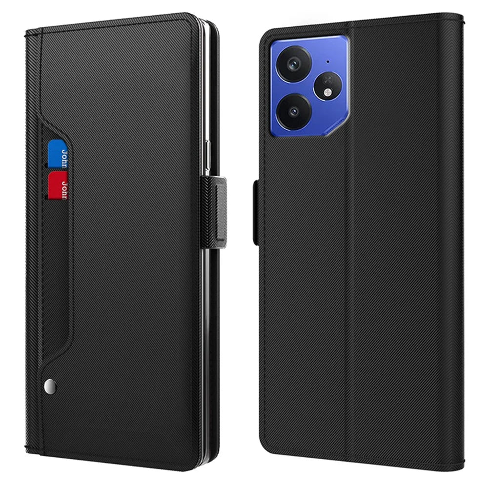 For Realme Neo7 5G Case Stand PU Leather Phone Cover Card Holder Mirror - Black - 1