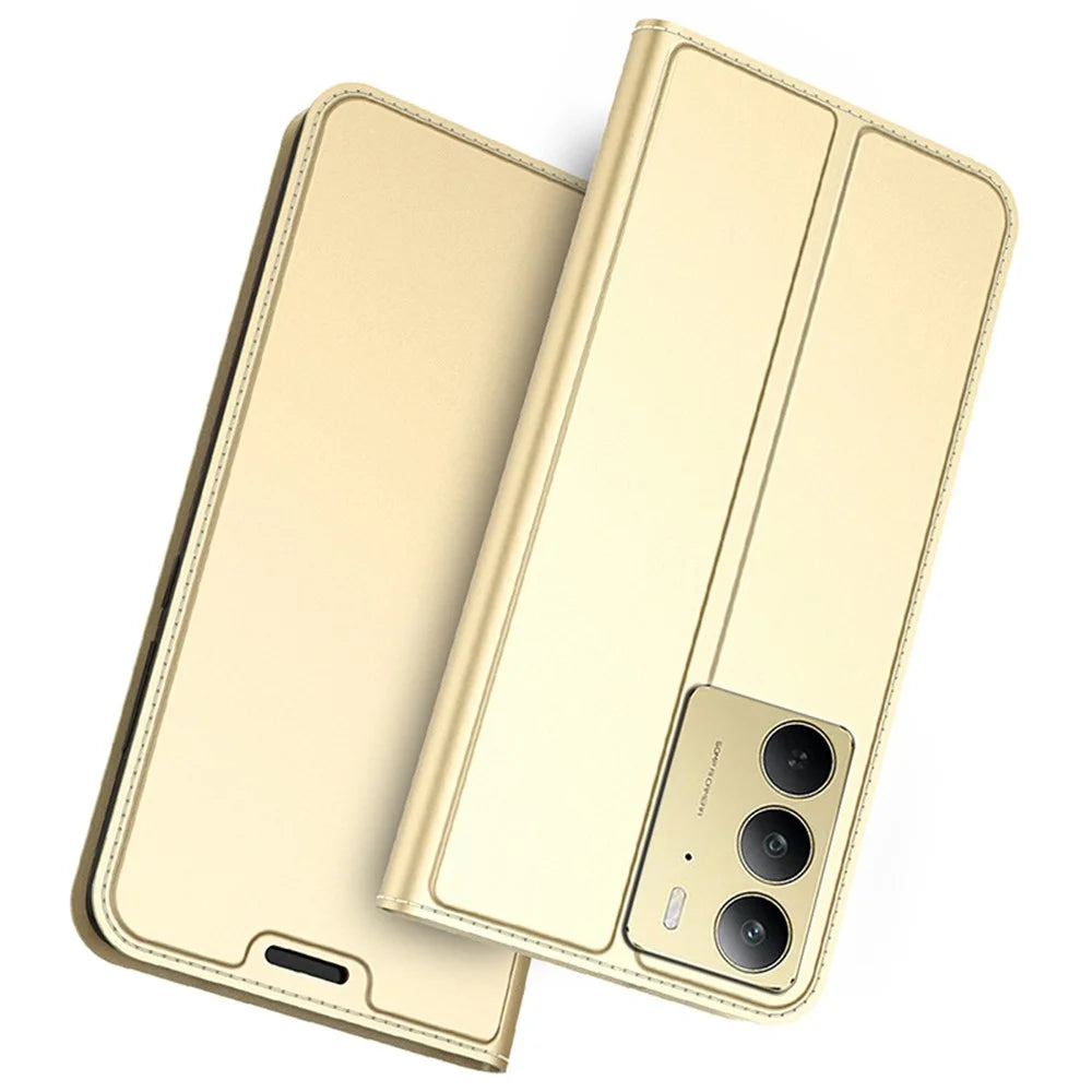 For Realme C75 4G Case PU Leather Phone Cover with Card Holder Stand Magnetic Closure - Gold - 1