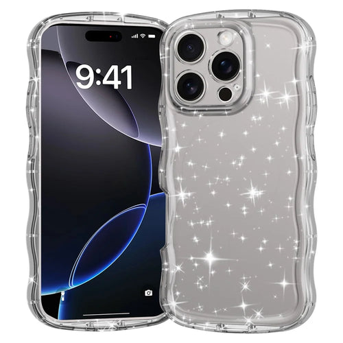 For iPhone 16 Pro Case Wavy Edge Transparent Glitter TPU Anti Drop Phone Cover - 1