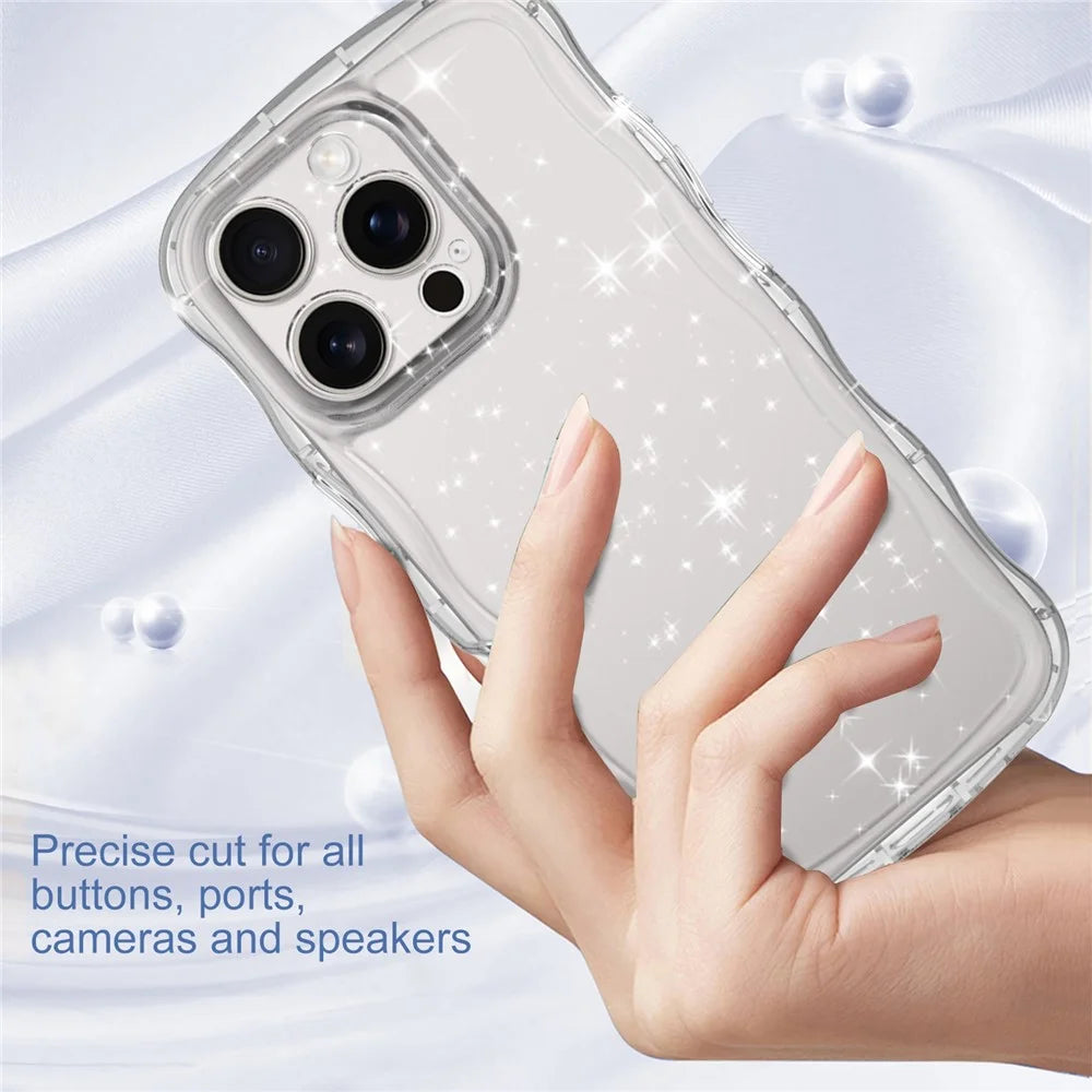 For iPhone 16 Pro Case Wavy Edge Transparent Glitter TPU Anti Drop Phone Cover - 4