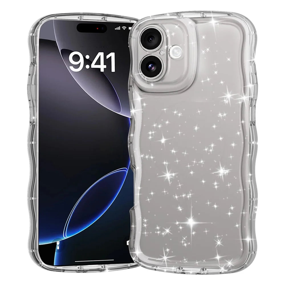 GW35 For iPhone 16 Plus Case Wavy Edge Transparent Glitter TPU Anti Drop Phone Cover - 1
