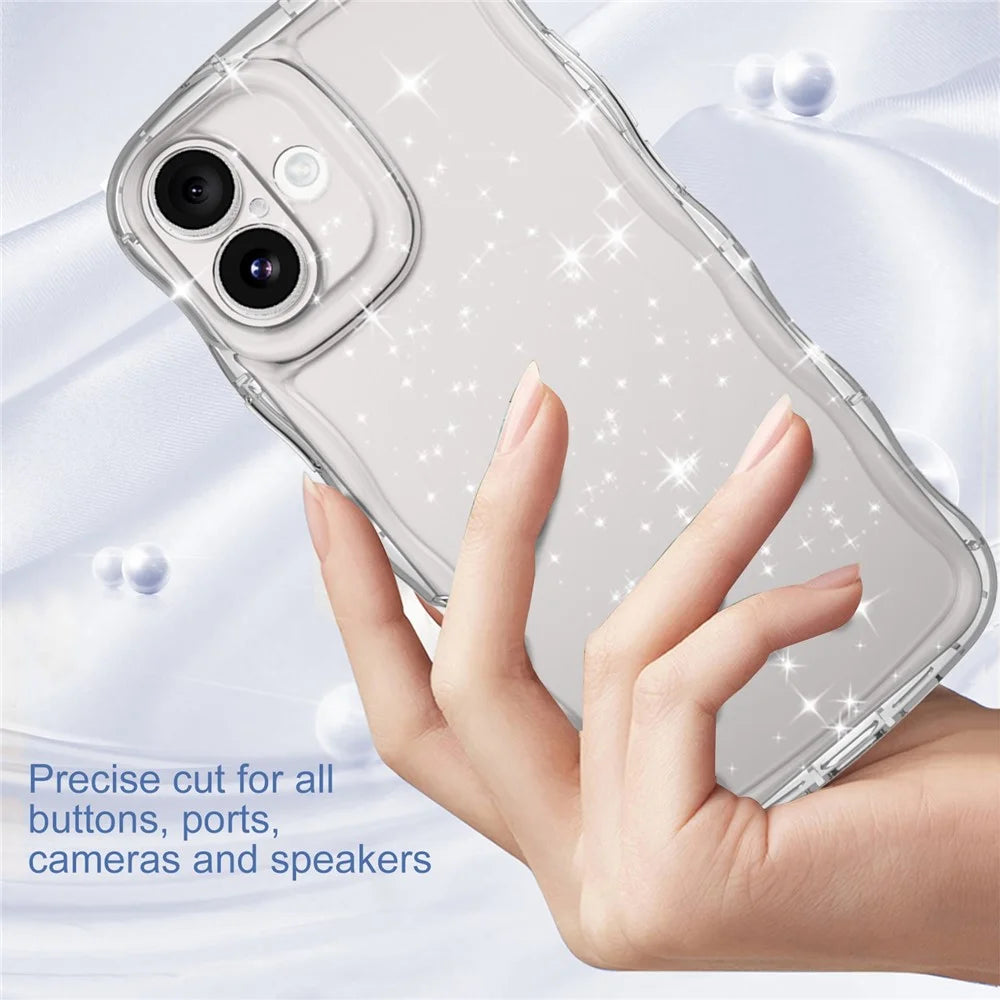 GW35 For iPhone 16 Plus Case Wavy Edge Transparent Glitter TPU Anti Drop Phone Cover - 4