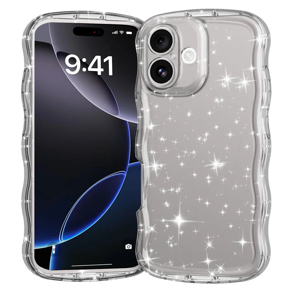 For iPhone 16 Case Wavy Edge Transparent Glitter TPU Anti Drop Phone Cover - 1