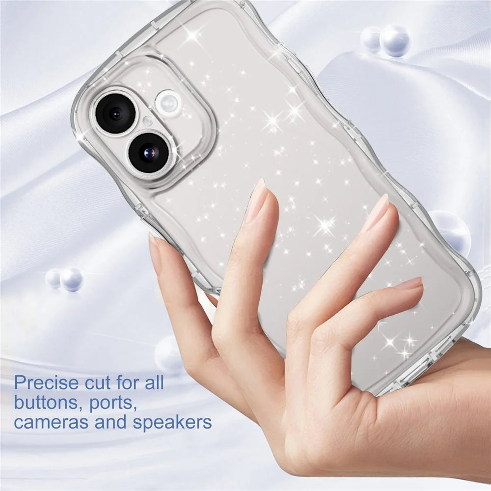 For iPhone 16 Case Wavy Edge Transparent Glitter TPU Anti Drop Phone Cover - 4