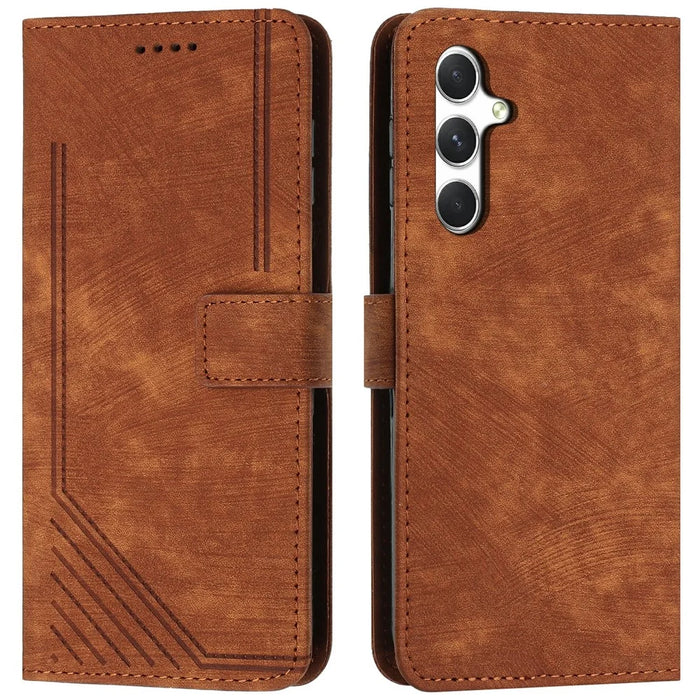 For Samsung Galaxy A36 5G Case Imprinted Lines Leather Phone Cover Folding Stand - Brown - 1