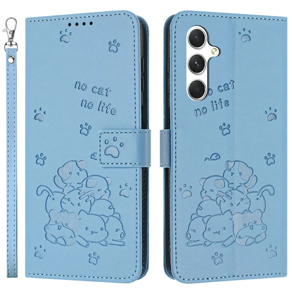 For Samsung Galaxy A36 5G Case with Strap Cats Imprint Leather Wallet Phone Cover - Blue - 1
