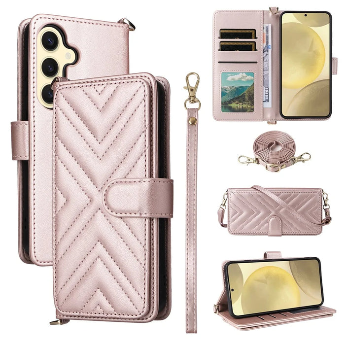 For Samsung Galaxy S25+ Wallet Case with Shoulder / Wrist Strap Leather Phone Cover Stand - Pink - 1