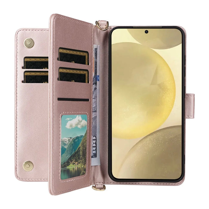 For Samsung Galaxy S25+ Wallet Case with Shoulder / Wrist Strap Leather Phone Cover Stand - Pink - 2