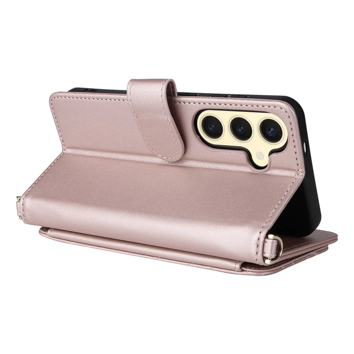 For Samsung Galaxy S25+ Wallet Case with Shoulder / Wrist Strap Leather Phone Cover Stand - Pink - 6
