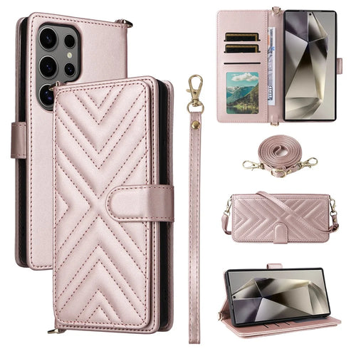 For Samsung Galaxy S25 Ultra Wallet Case with Shoulder / Wrist Strap Leather Phone Cover Stand - Pink - 1