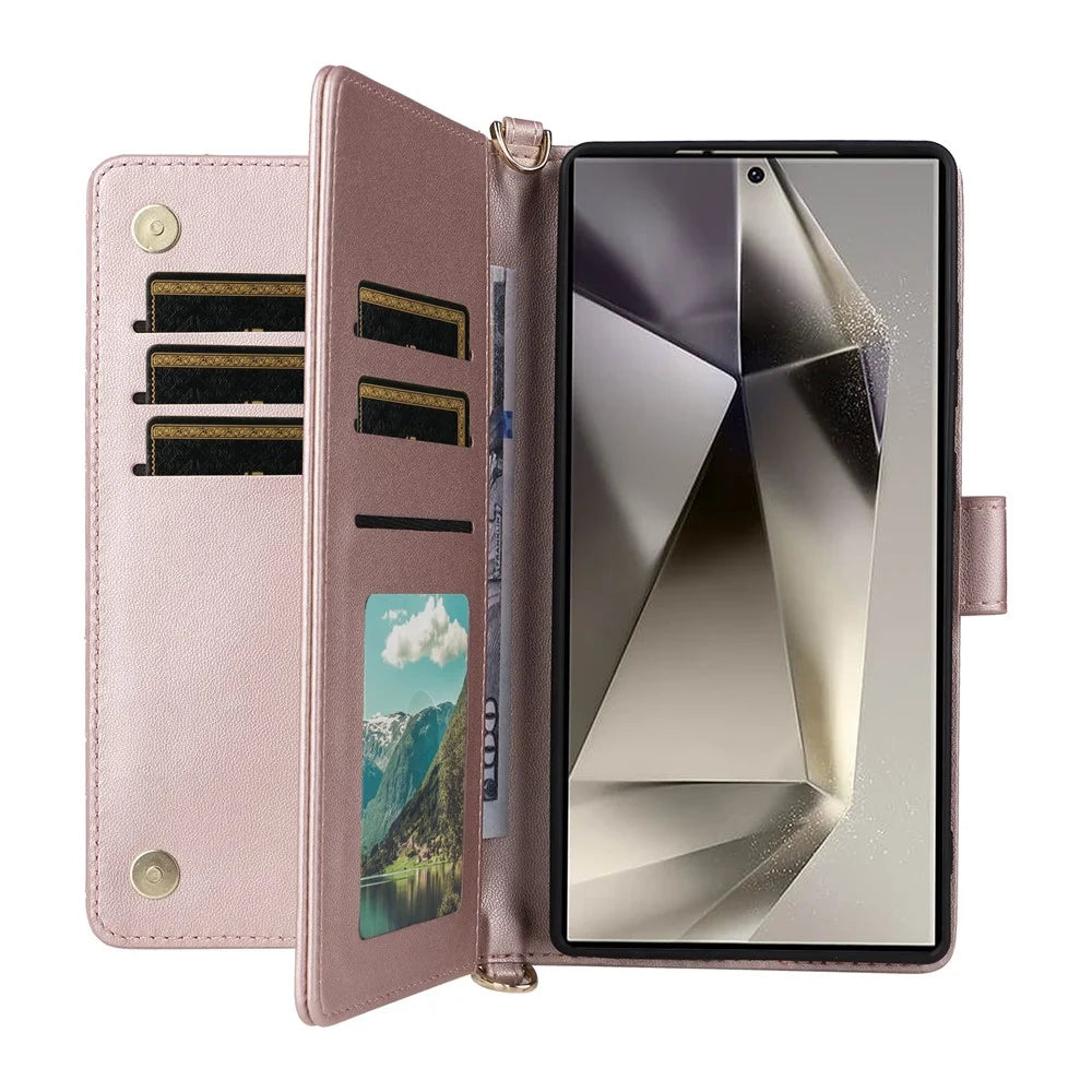 For Samsung Galaxy S25 Ultra Wallet Case with Shoulder / Wrist Strap Leather Phone Cover Stand - Pink - 2