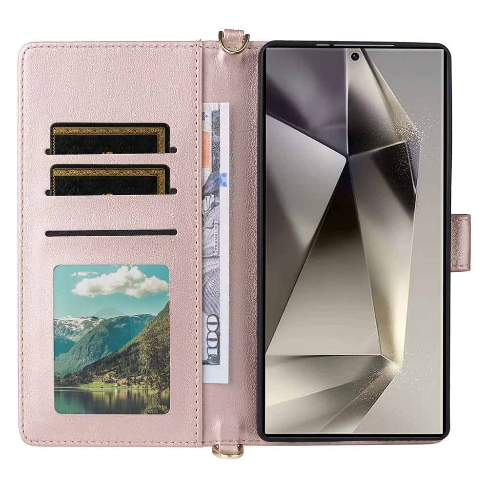 For Samsung Galaxy S25 Ultra Wallet Case with Shoulder / Wrist Strap Leather Phone Cover Stand - Pink - 3